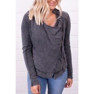 Free People Grey Asymmetrical Zip Up Distressed Shrunken Moto Jacket Cardigan M